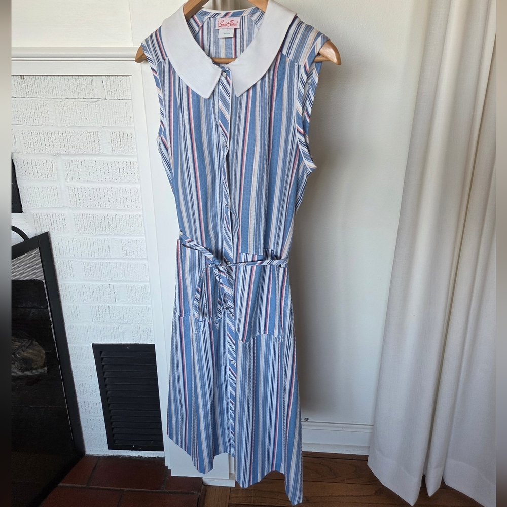 Vintage Smart Time Striped Sleeveless Button Up Dress With Tie Size Medium